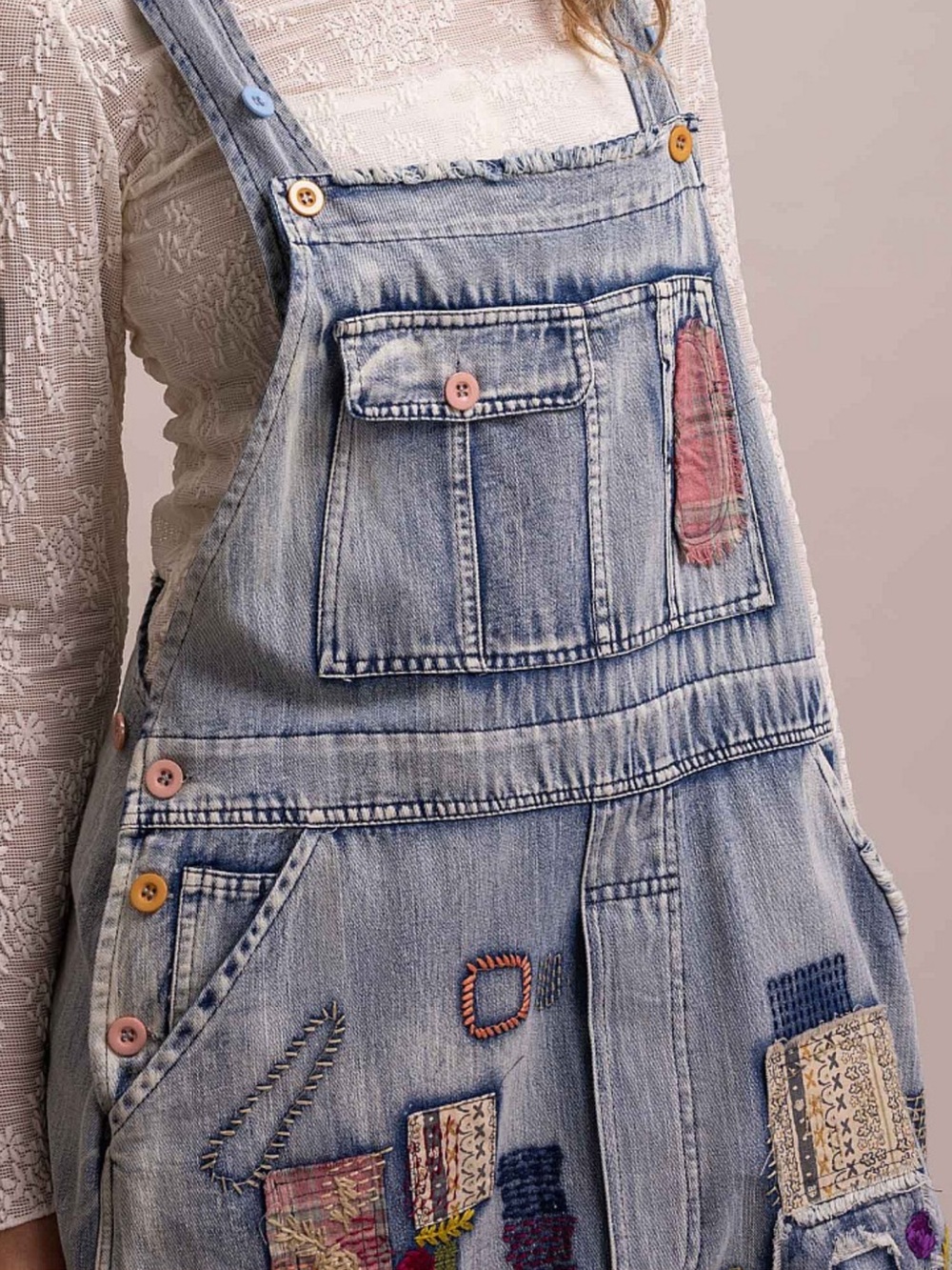 Wash Denim Patchwork Women's Wide-Leg Jeans Overalls - Picture 9 of 13